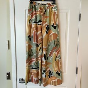 Wide Leg Watercolor Pattern Flowing High Waist Pants